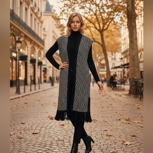 Chico's SZ 00/XS Sleeveless Open Front Cardigan Knit Duster W/Fringe Black White